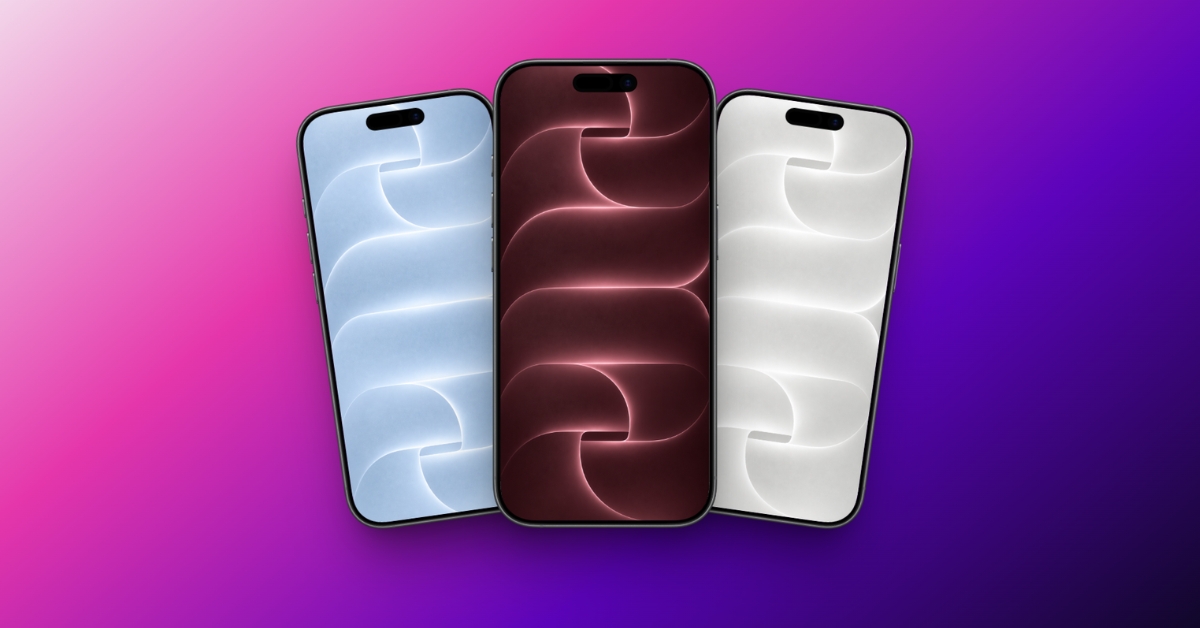 Three overlapping smartphones with glowing patterned screens in blue, burgundy, and white, set against a pink-to-purple gradient background (informational product showcase).