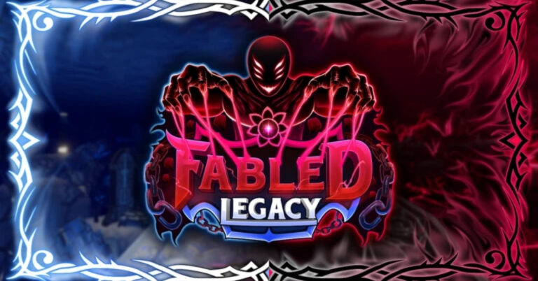 Cover art for a video game titled 'TABLED LEGACY': a dark red demon with glowing pink tentacles forming the word 'TABLED' above a bold 'LEGACY', set against a blue-red split background with an ornate white frame.