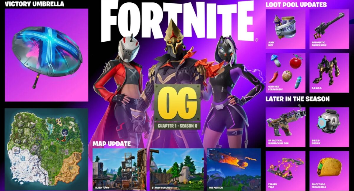 Fortnite OG collage featuring trio of armored characters, bold logo, and purple gradient background with map and loot visuals on the sides (Season X).
