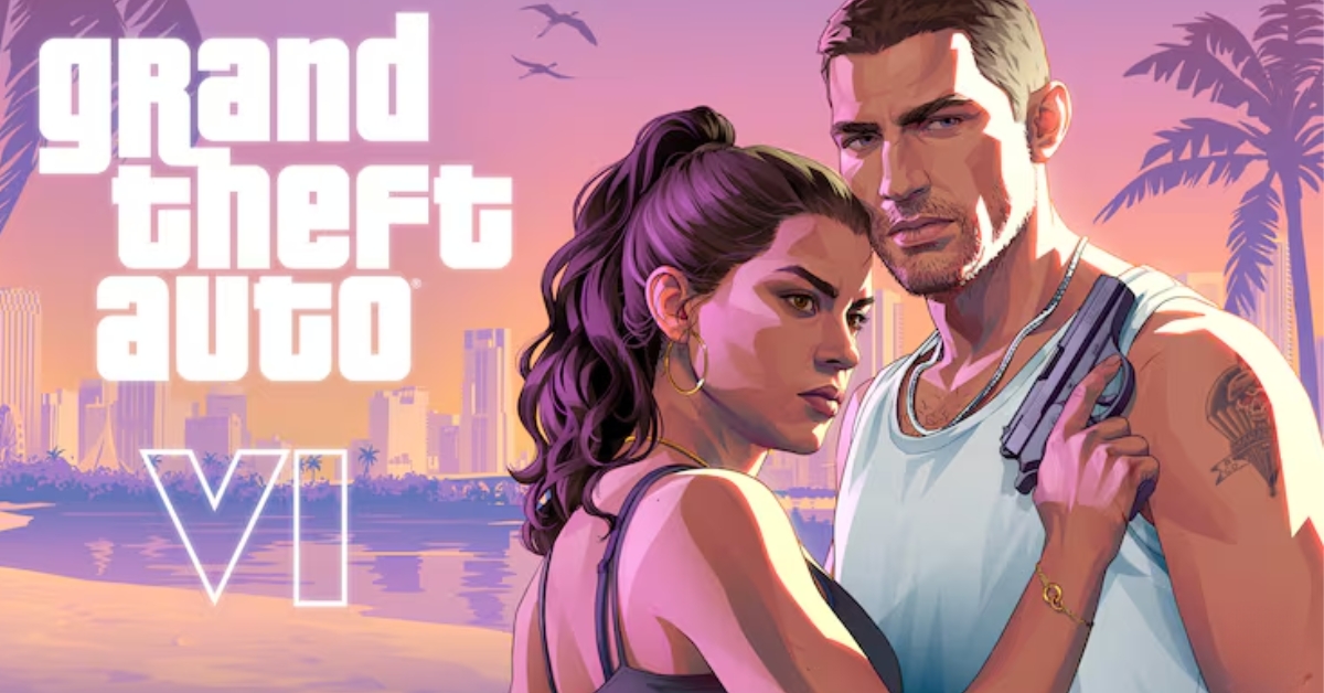 GTA VI promotional cover with a man and woman standing close against a sunset city skyline and the Grand Theft Auto VI title text.