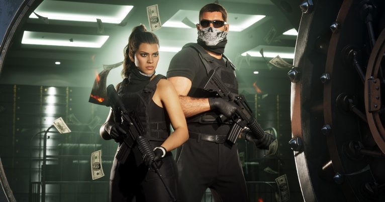 Two armed operatives stand in a bank vault with money fluttering around them