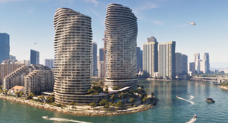 Two curved, glass-waced high-rises on a riverfront with palm trees and boats nearby.