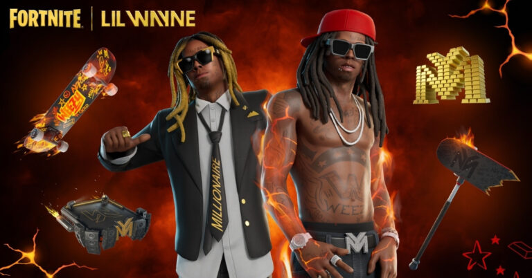 Fortnite promo banner featuring Lil Wayne and a second character, set against a fiery background with floating loot items and logos.