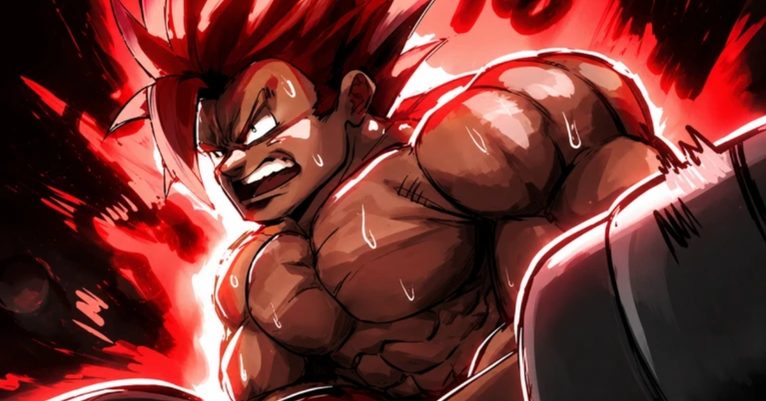 Muscular anime fighter with red hair charging forward, teeth bared, surrounded by red energy.