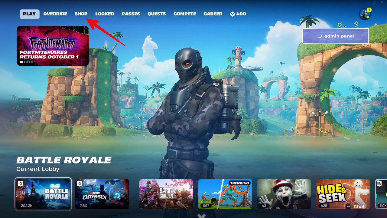 Homescreen interface in Fortnite