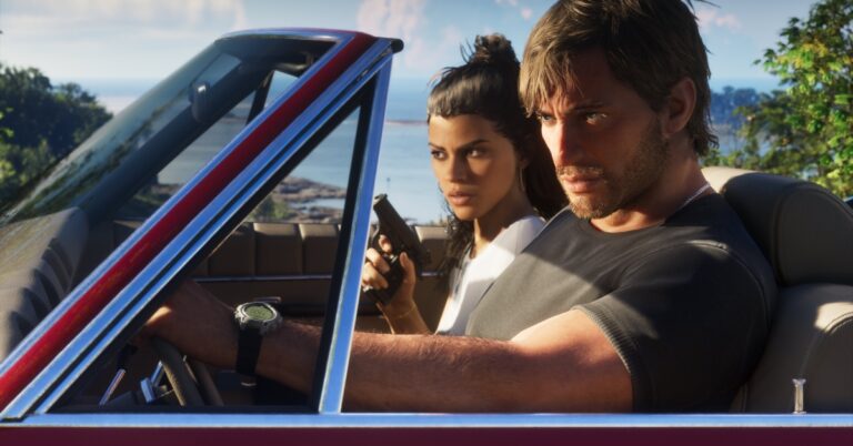 Man driving a red convertible with a woman in the backseat holding a handgun, coastal scenery in the background.