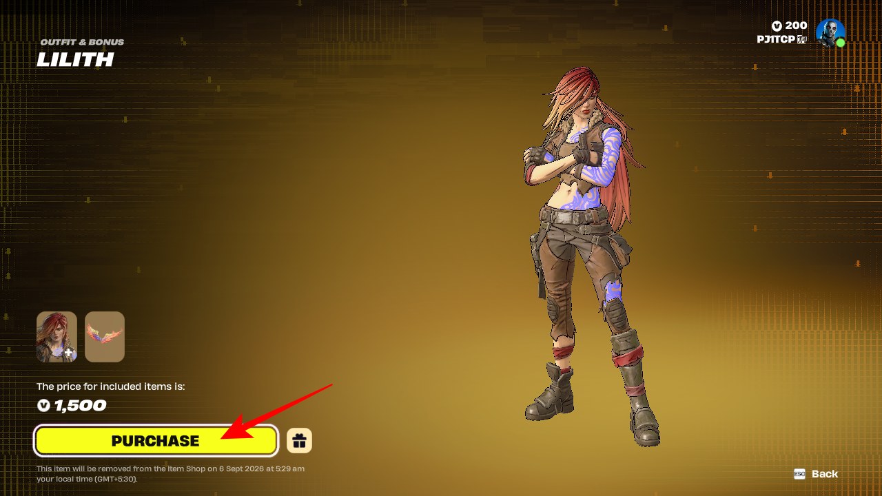 Lilith purchase screen Fortnite