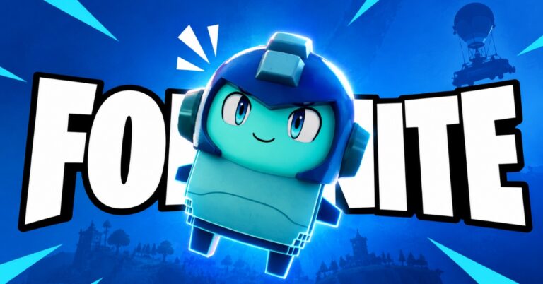Blue cube character from Fortnite leaping in front of the bold Fortnite logo.