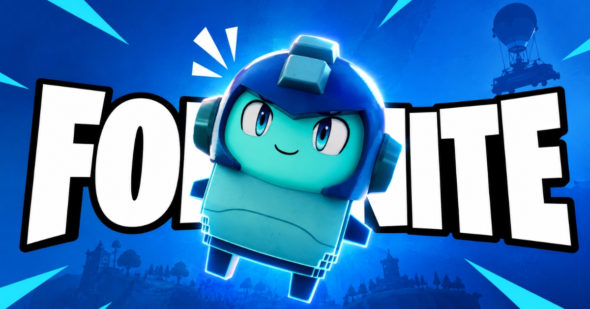 Blue cube character from Fortnite leaping in front of the bold Fortnite logo.