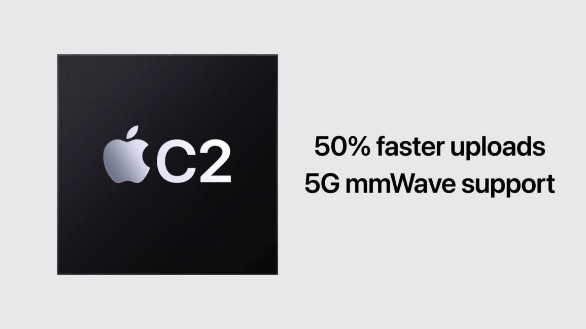 Black Apple C2 chip on the left with the text'50% faster uploads' and '5G mmWave support' on a light gray background to the right.