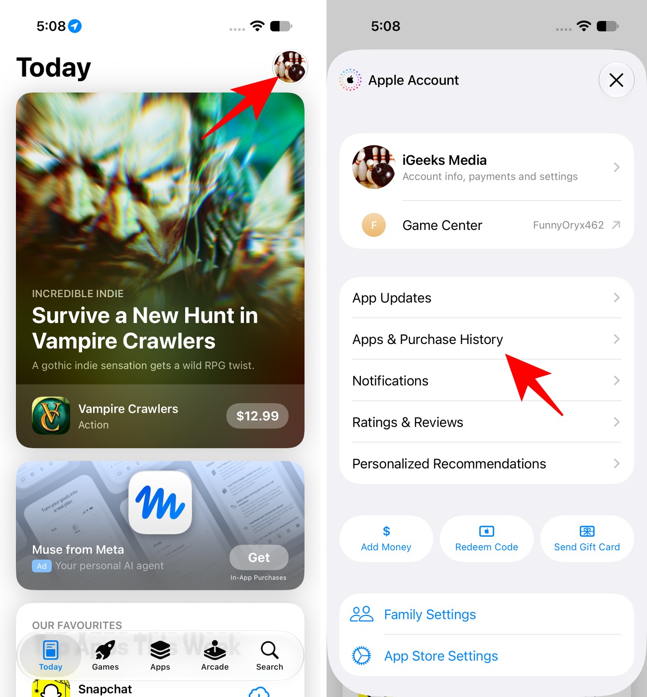 Open App Store profile then Select Apps & Purchase History
