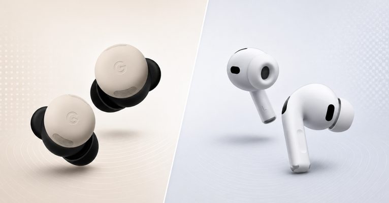 Pair of wireless in-ear earbuds on split beige and light-blue backgrounds, showing beige left bud with black tips and white right bud with silicone tips.
