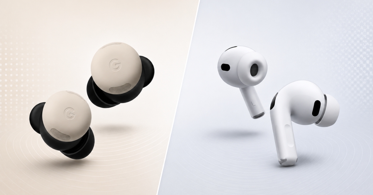 Pair of wireless in-ear earbuds on split beige and light-blue backgrounds, showing beige left bud with black tips and white right bud with silicone tips.