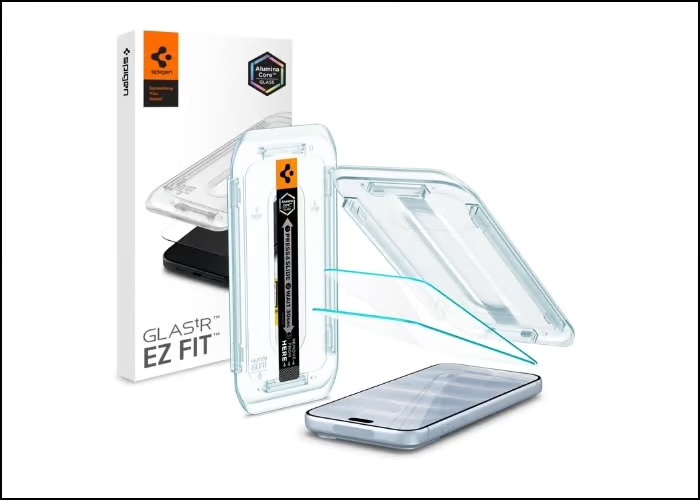 Best iPhone 18 Pro and iPhone 18 Pro Max screen protectors I’d actually buy – iGeeksBlog Clear glass screen protector being applied to a smartphone, with the EZ Fit packaging in the background and application arrows showing alignment.