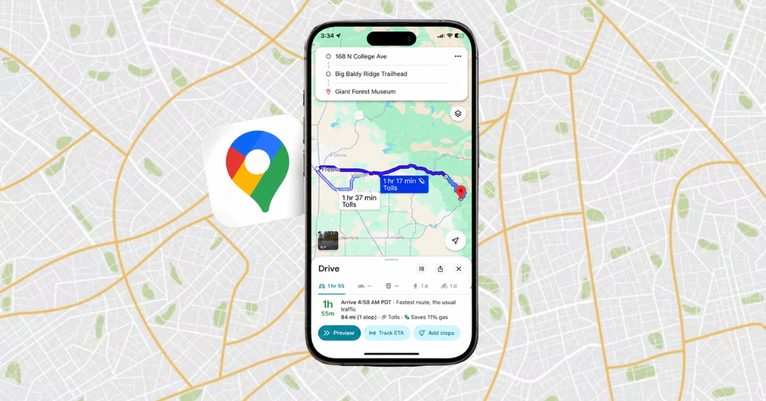 Smartphone showing a Google Maps driving route with tolls and ETA on a map backdrop.