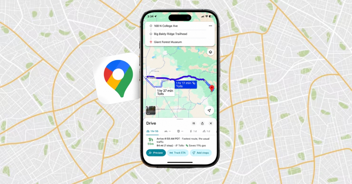 Smartphone showing a Google Maps driving route with tolls and ETA on a map backdrop.