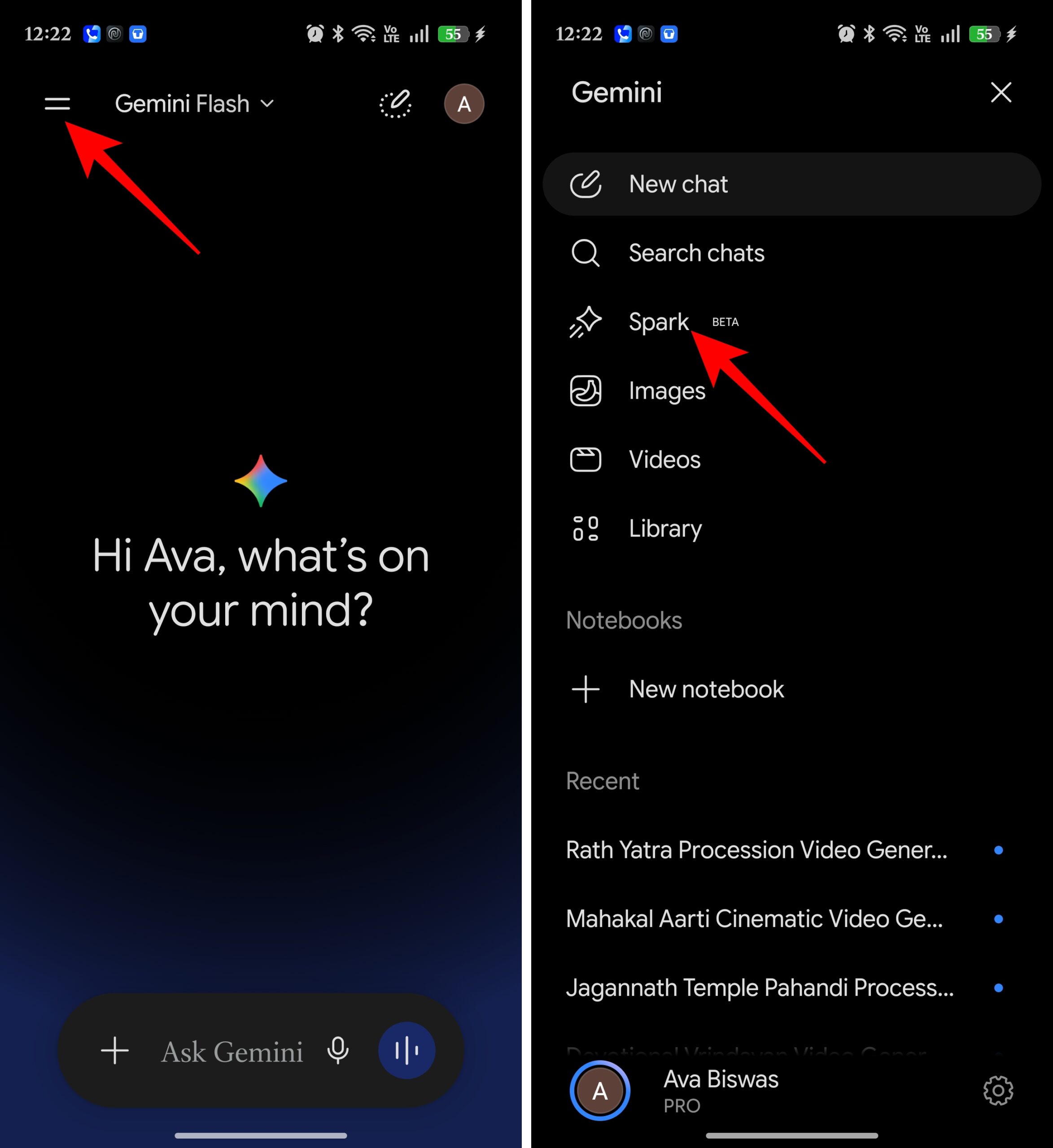 Tap the Menu icon at the top and select Spark