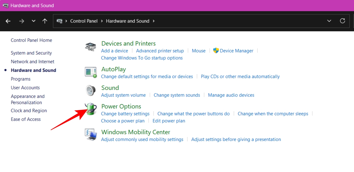 Then click on Power Options