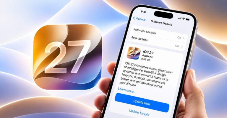 iPhone screen showing iOS 27 update details with a blue Update Now button in the foreground and a large 27 icon in the background.