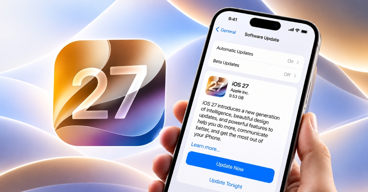iPhone screen showing iOS 27 update details with a blue Update Now button in the foreground and a large 27 icon in the background.