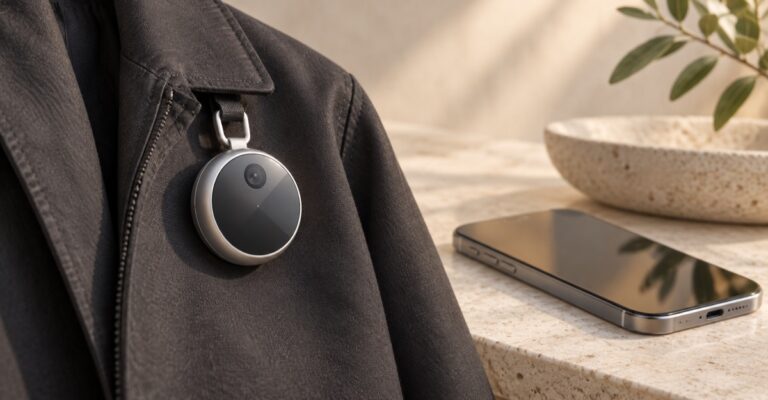 Illustration of a rumored AI pendant clipped to a bag beside an iPhone; Apple has not shown the device