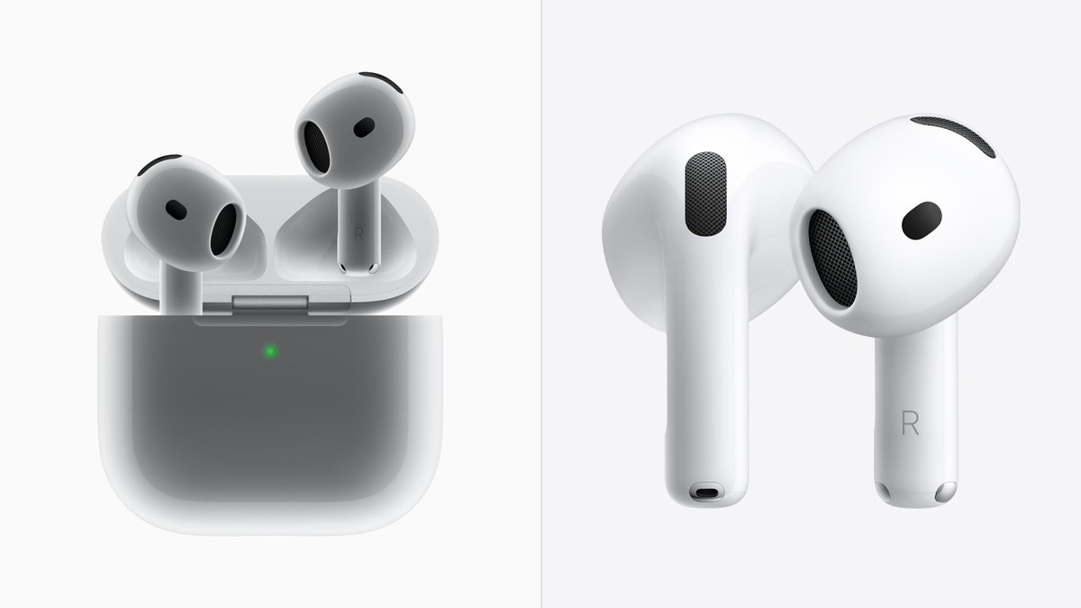AirPods 4 earbuds on the left and AirPods 5 earbuds on the right in a side-by-side product comparison
