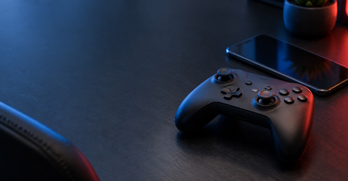 Concept illustration of a generic game controller beside a smartphone