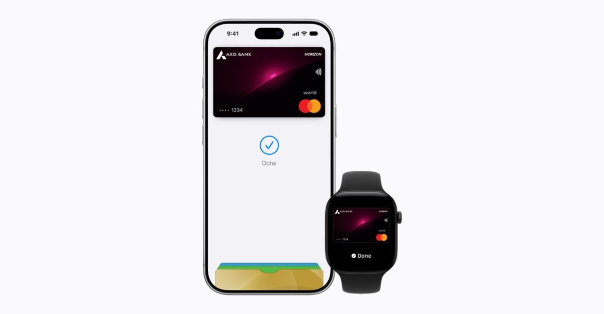 iPhone and Apple Watch displaying an Axis Bank credit card in Apple Pay