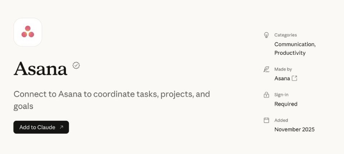 Asana connector listing in Claude Marketplace