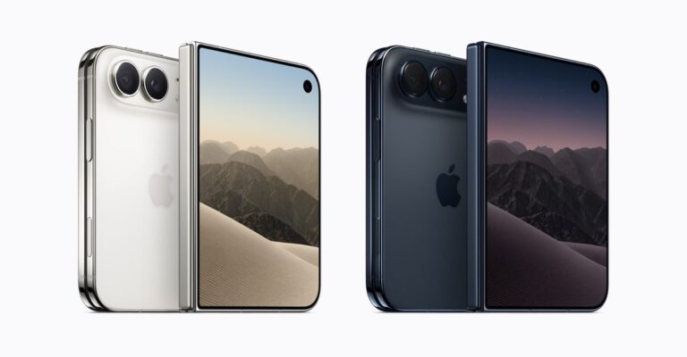 Four iPhone Duo devices in star white and night sky showing front and back, official Apple press image