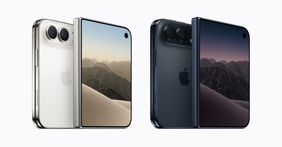 Four iPhone Duo devices in star white and night sky showing front and back, official Apple press image