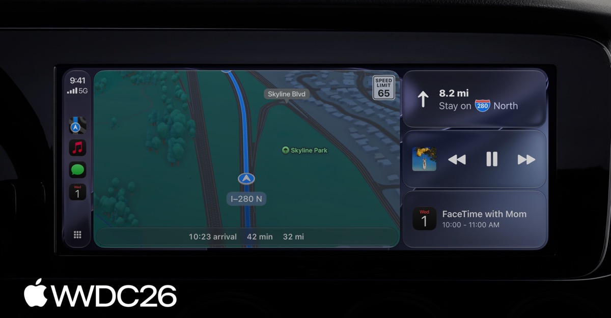 Apple CarPlay dashboard showing navigation, media controls, and calendar widgets