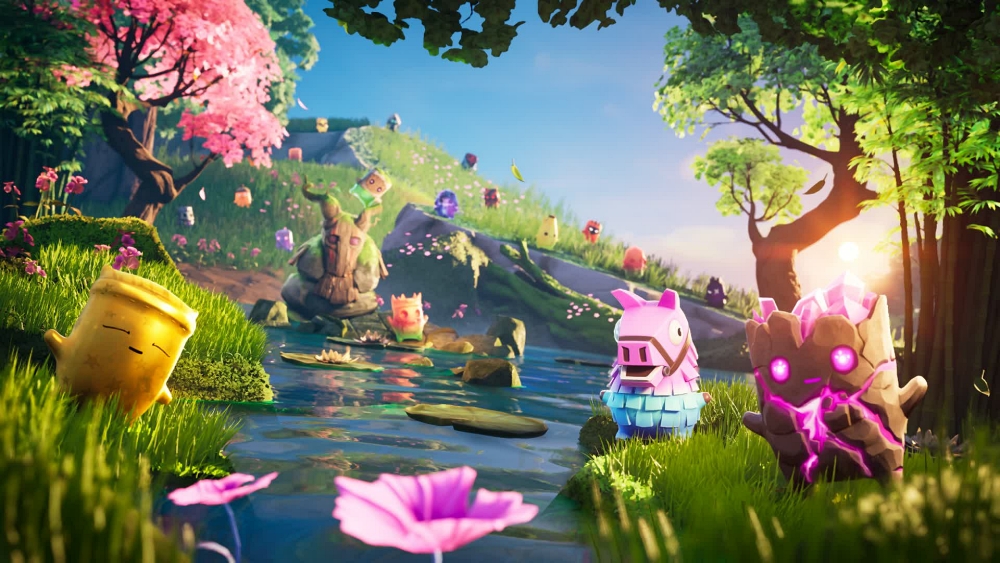 Vibrant cartoon landscape with a river, blossoming trees, and playful blocky creatures along the bank at sunset.