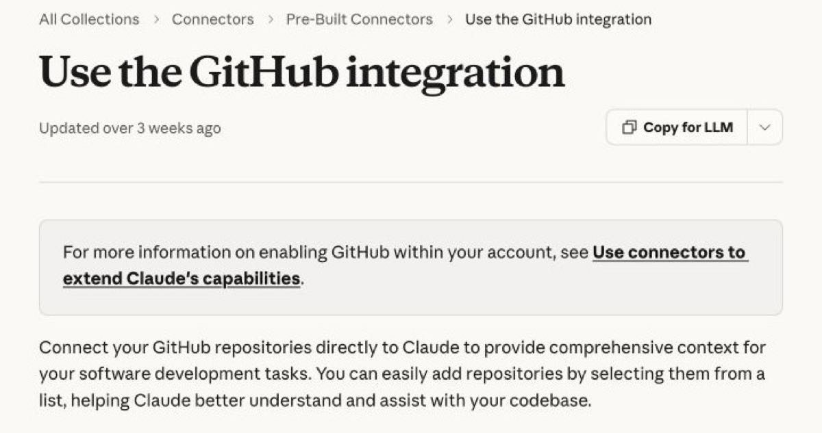 Claude Help Center's GitHub integration guide describing repository context for software tasks