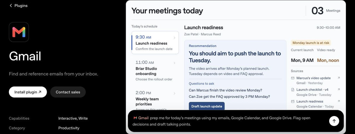 Gmail plugin example preparing for meetings with email, calendar, and Drive context