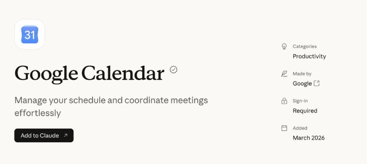 Google Calendar connector listing in Claude Marketplace