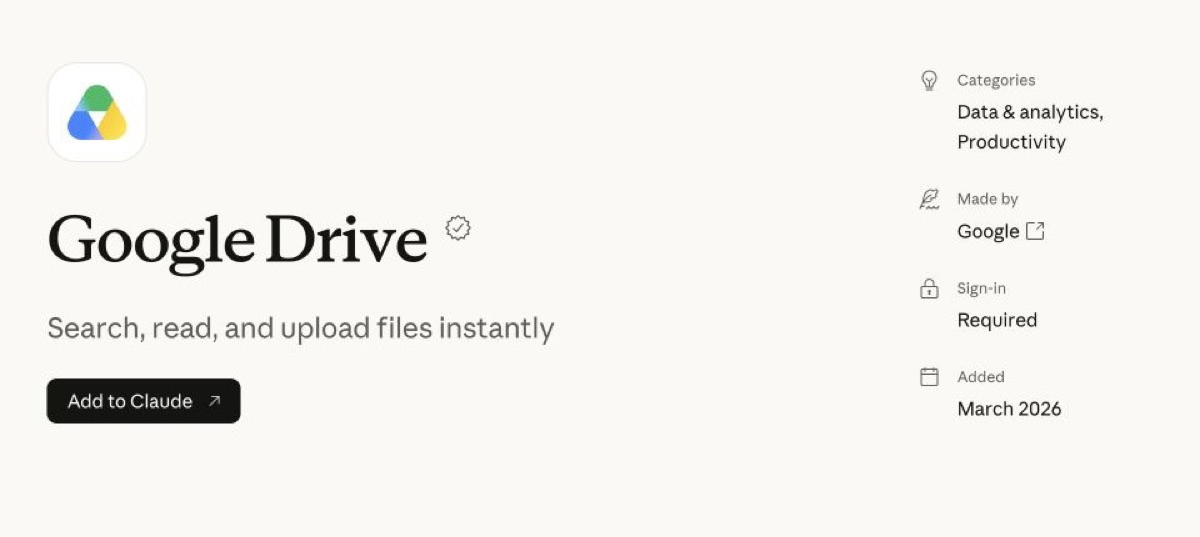 Google Drive connector listing in Claude Marketplace with a file search and upload summary