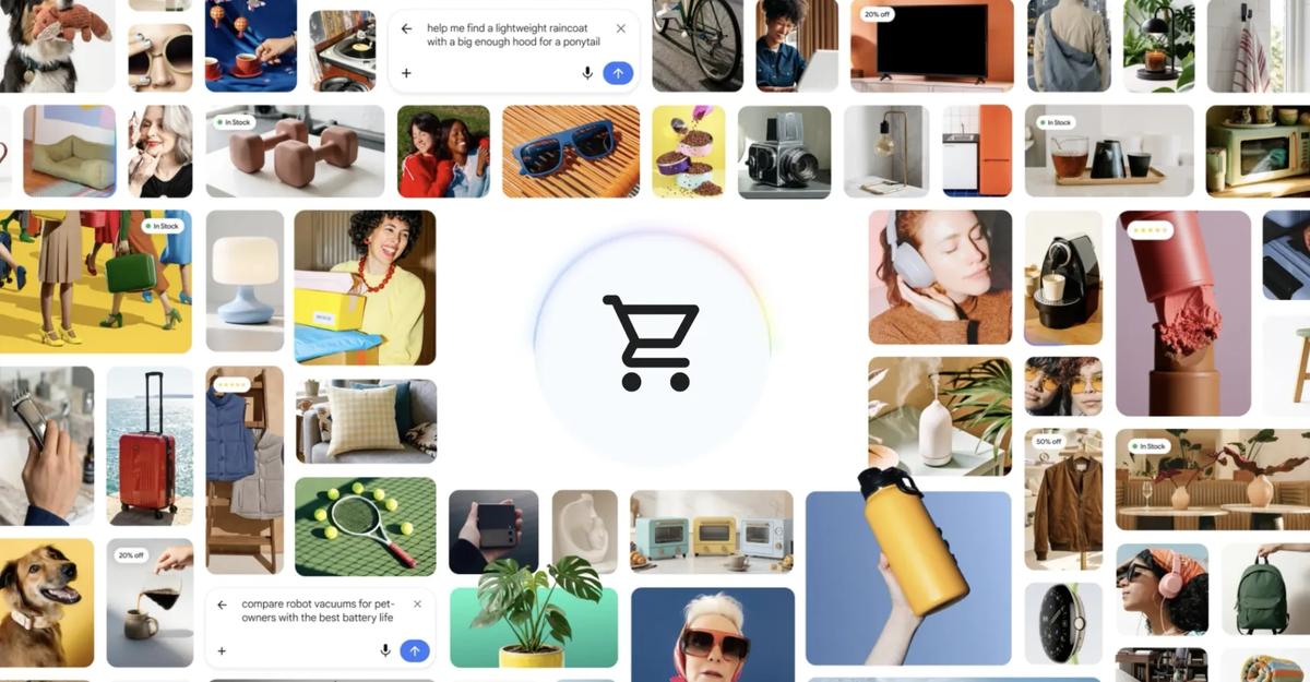Google’s Universal Cart illustration shows shopping searches, product listings, and a cart.