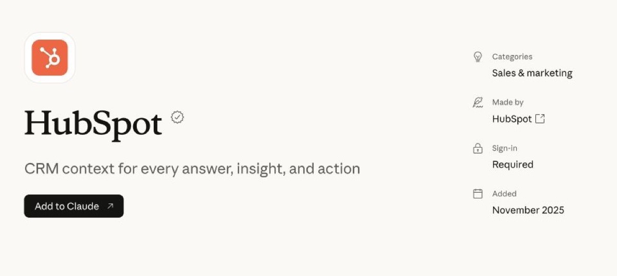 HubSpot connector listing in Claude Marketplace