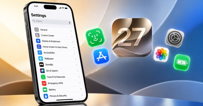 iPhone screen showing the Settings menu with options like General, Display, Accessibility, and Privacy in focus with a colorful background far behind.