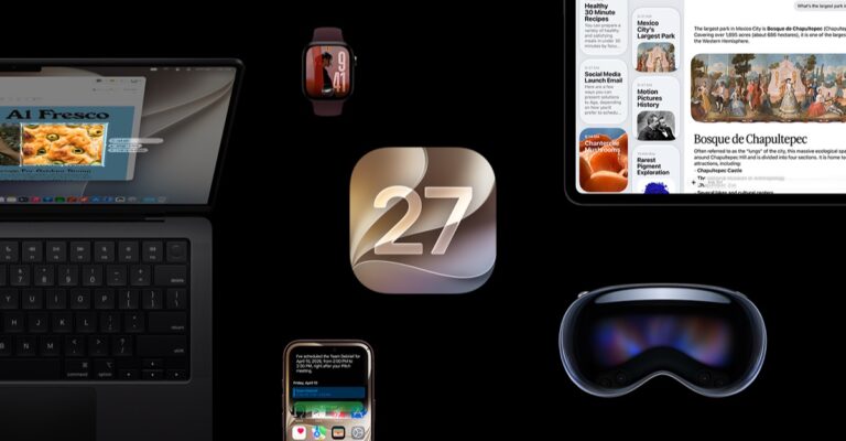 iOS 27 icon surrounded by Apple devices showing the new operating system