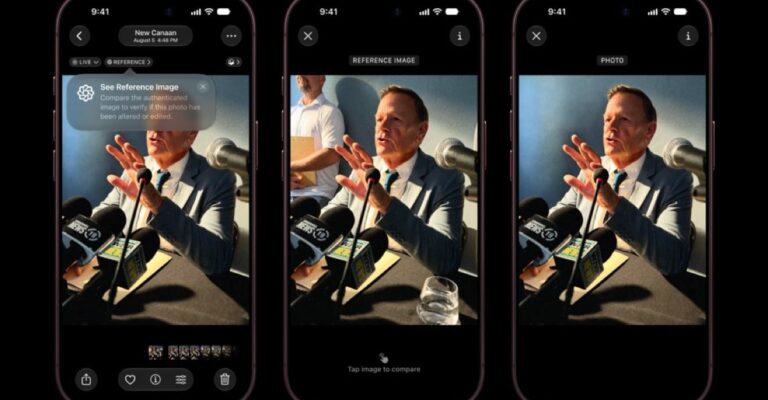 Three iPhones showing a regular photo and an Apple Reference Image in Photos.