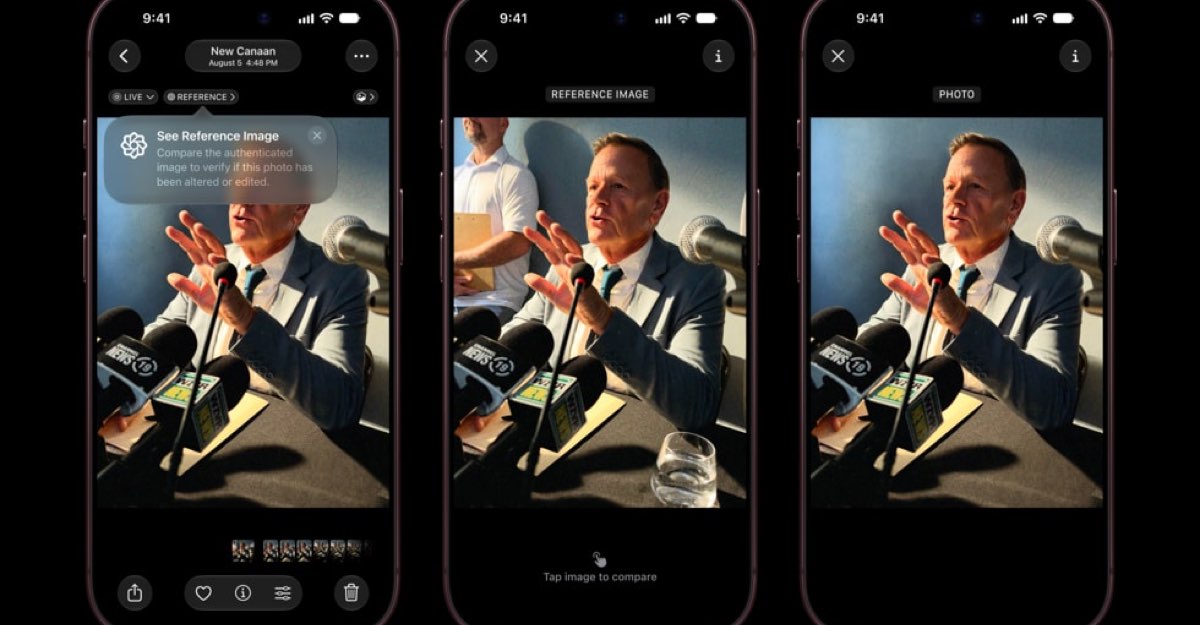 Three iPhones showing a regular photo and an Apple Reference Image in Photos.