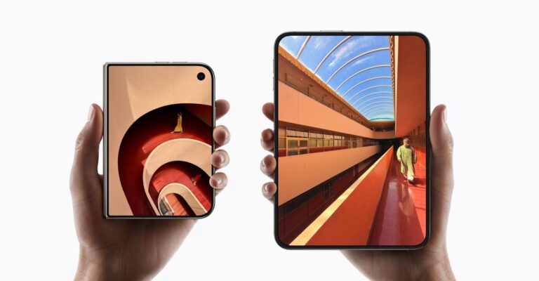 Two hands holding iPhone Duo folded and unfolded, showing display sizes, official Apple press image