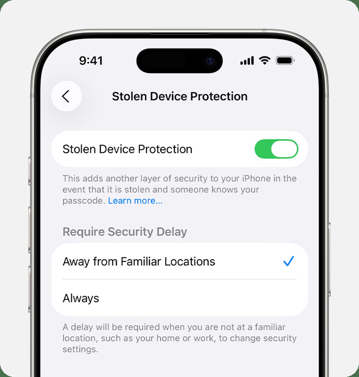 iPhone Settings showing Stolen Device Protection toggle under Face ID & Passcode, official Apple Support screenshot