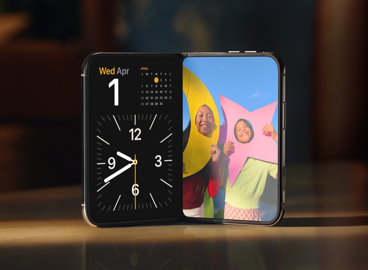 iPhone Duo: Everything You Need to Know About Apple’s First Foldable iPhone – iGeeksBlog iPhone Duo standing with a clock and photo displayed side by side