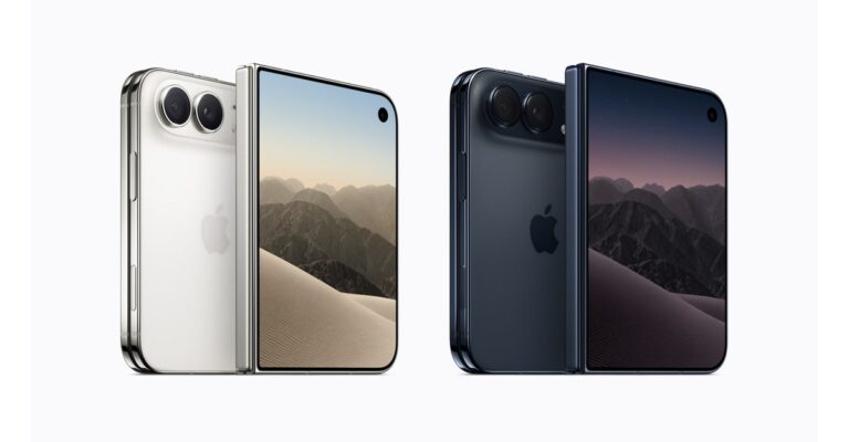 Two iPhone smartphones shown side by side: a silver model on the left with dual cameras and a desert wallpaper on the display, and a dark blue model on the right with the same dual-camera setup.