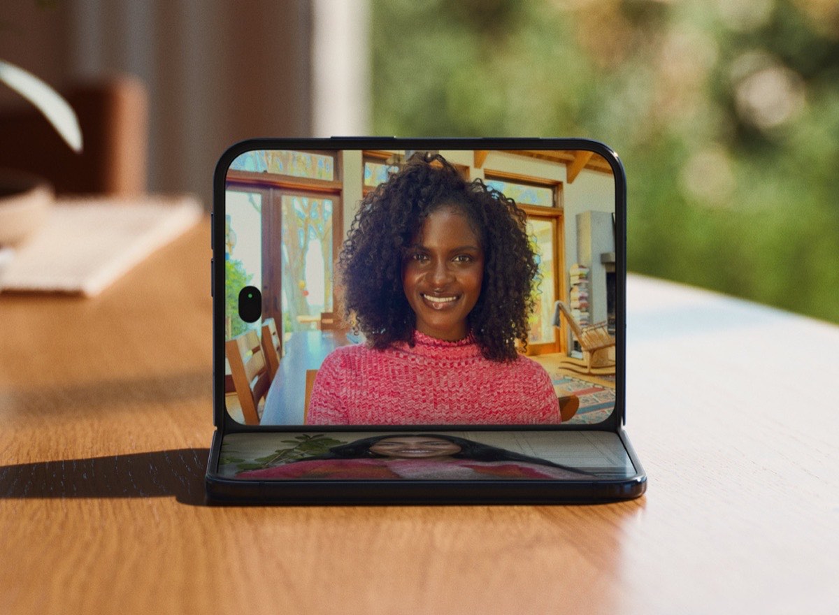 iPhone Duo: Everything You Need to Know About Apple’s First Foldable iPhone – iGeeksBlog iPhone Duo standing open for a hands-free FaceTime call