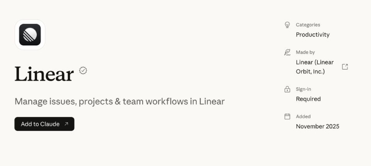 Linear connector listing in Claude Marketplace