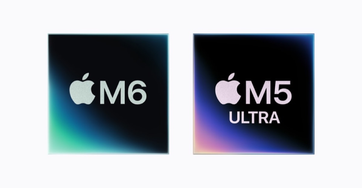 Apple M6 and M5 Ultra chip artwork side by side.